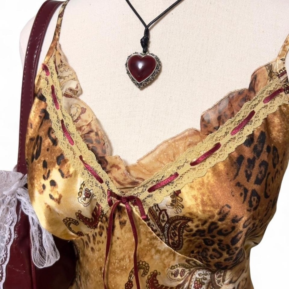 Vintage Y2K Brown Animal Leopard / Paisley Satin Cami Tank Top Sz Small Boho - Picture 7 of 8